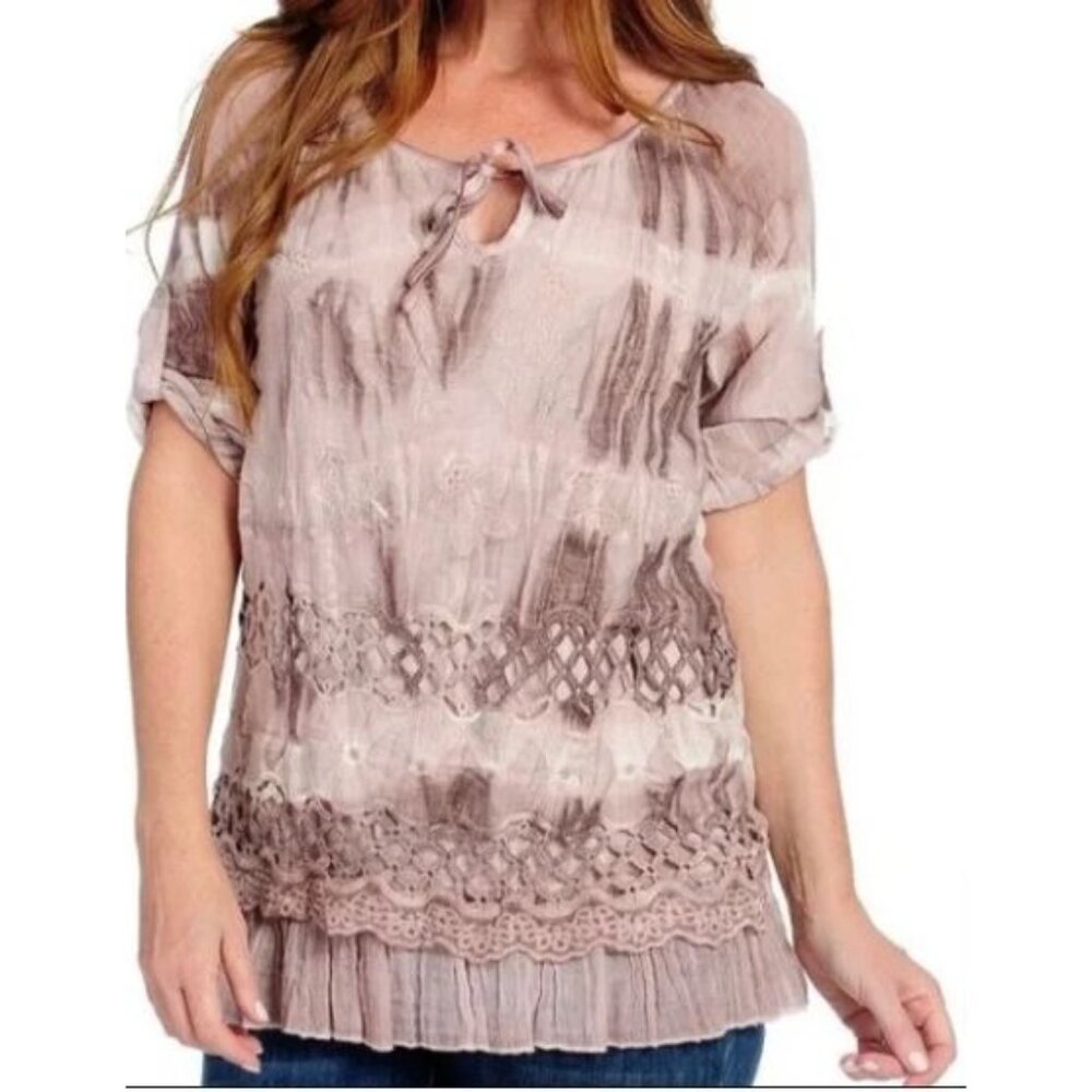 NEW Indigo Thread Co Women’s Tie Dye Layered Top Embroidered Roll Tab Tunic XS
